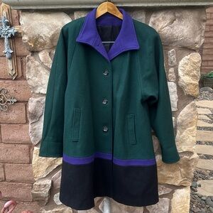 Vintage Projections Long Wool Coat Color Block Women’s XL Green Purple